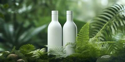 wit blanco twee fles mockup met natuurlijk thema achtergrond. ai generatief foto