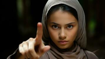 portret van een mooi jong moslim vrouw in hijab richten Bij iets foto