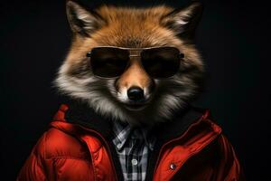 portret van een vos vervelend een rood jasje en zonnebril Aan een zwart achtergrond. ai generatief foto