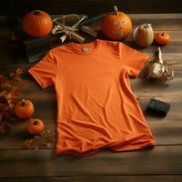 ai gegenereerd een blanco oranje t - overhemd aan het liegen in een slapen positie Aan een houten tafel met halloween ornamenten foto