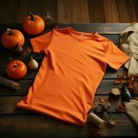 ai gegenereerd een blanco oranje t - overhemd aan het liegen in een slapen positie Aan een houten tafel met halloween ornamenten foto