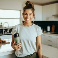 ai gegenereerd brunette vrouw vervelend blanco wit t-shirt en Holding een fles, in modern keuken foto