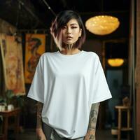 ai gegenereerd een Aziatisch meisje met tatoeages vervelend een wit te groot t-shirt foto
