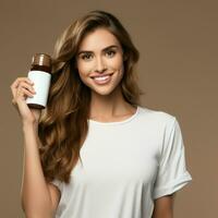 ai gegenereerd vrouw model- vervelend een wit shirt, Holding blanco wit supplement fles foto