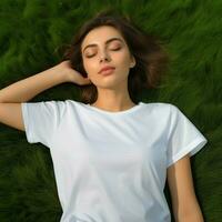 ai gegenereerd meisje kom tot rust in slaap positie Aan de gras vervelend blanco wit t - shirt, zomer tijd foto