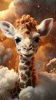 schattig baby giraffe met groot ogen en wolken van rook Aan achtergrond. ai generatief foto