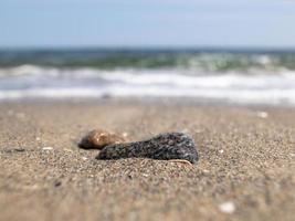 zee kiezels en schelpen aan de kust tegen de blauwe lucht foto