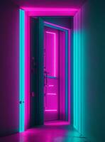 3d renderen van een Gesloten deur in een helder kamer met neon lichten foto