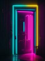 3d renderen van een Gesloten deur in een helder kamer met neon lichten foto