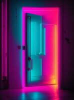 3d renderen van een Gesloten deur in een helder kamer met neon lichten foto