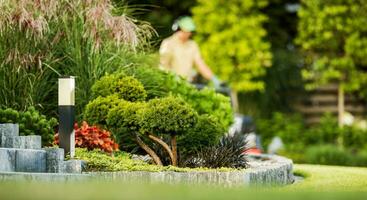 woon- terug werf en tuin keeper in de achtergrond foto