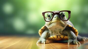 een schattig weinig groen schildpad met bril, genereren ai foto