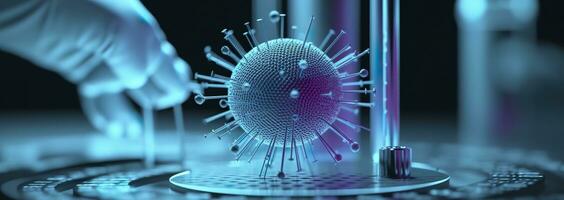 wetenschappers aan het studeren de echt coronavirus, virus. farmaceutisch wetenschappelijk Onderzoek achtergrond. ai generatief foto