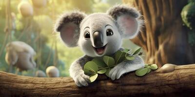 een tekenfilm gekleurde grappig meesterwerk van een schattig koala, detailopname. generatief ai foto