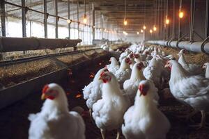 kip boerderij voor groeit vleeskuikens kippen naar de leeftijd van een en een voor de helft maanden, ai generatief foto