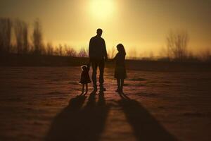 schaduw van gelukkig familie samen, ouders met hun weinig baby Bij zonsondergang. een silhouet van liefde en eenheid. ai generatief foto