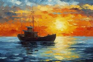 olie schilderij van een visser boot Bij zonsondergang Aan zee. zee landschap concept. ai generatief foto