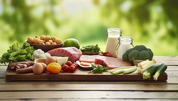 detailopname van groenten, fruit, en vlees Aan houten tafel over- groen natuurlijk achtergrond. generatief ai foto