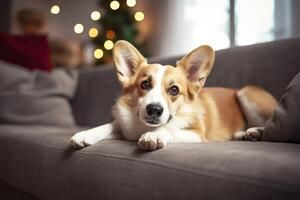 mooi, slim, kalmte rasecht corgi hond aan het liegen Aan Aan sofa in leven kamer. generatief ai foto