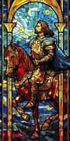 een ridder in schijnend schild. een illustratie van een mythisch oude paladin in gebrandschilderd glas Renaissance fresco stijl. ai generatief foto