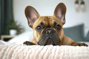 schattig Frans bulldog in een slaapkamer, detailopname. ai generatief foto