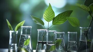 biotechnologie concept met groen fabriek bladeren, laboratorium glaswerk, en dirigeren Onderzoek, illustreren de krachtig combinatie van natuur en wetenschap in medisch vorderingen. ai generatief foto