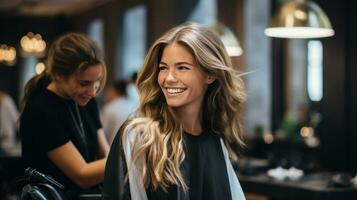 een vrouw hebben haar haar- gestileerd met een vlak ijzer foto