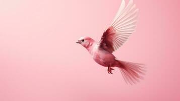 roze vogel vliegend Aan solide minimalistische roze achtergrond foto