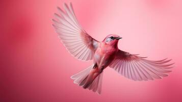 roze vogel vliegend Aan solide minimalistische roze achtergrond foto