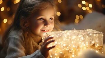 kinderen Open geschenk doos met magie licht foto