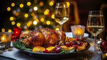 sappig en smakelijk gebraden kalkoen Aan een bord met Kerstmis decoraties. geroosterd kip met groenten, gebraden kip partij, allemaal soorten van voedsel, bier. ai generatief foto