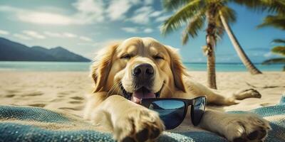 gouden retriever hond is Aan zomer vakantie Bij kust toevlucht en ontspannende rust uit Aan zomer strand van Hawaii. ai generatief foto