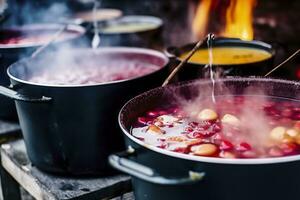 dranken fruit en bessen heet overwogen wijn in potten met stoom- in straat voedsel markt. generatief ai foto