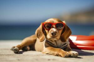 hond puppy vervelend zonnebril, aan het liegen Aan een zonnebank naar zonnebaden Bij de strand zee Aan zomer vakantie, vakantie. grappig concept. ai generatief foto