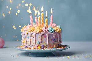 kleurrijk verjaardag taart Aan pastel achtergrond. zoet en heerlijk gelukkig verjaardag taart, kopiëren ruimte. viering concept. ai generatief foto