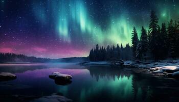 Aurora borealis meer besneeuwd bomen bergen. gemaakt met generatief ai foto