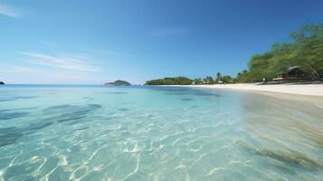 tropisch paradijs strand met wit zand en kristal Doorzichtig blauw water. mooi natuurlijk zomer vakantie vakantie achtergrond. reizen toerisme breed panorama achtergrond concept. ai generatief foto