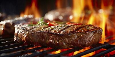 rundvlees biefstuk steak grillen Aan een vlammend grillen. generatief ai foto