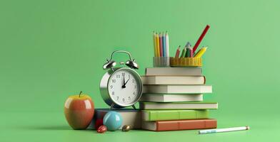 knal kunst illustratie van school- accessoires met appels, boeken, en een alarm klok Aan de school- achtergrond. terug naar school- concept. 3d weergave, ai generatief foto