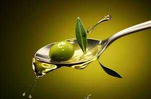 olijf- olie Aan groen olijven met bladeren. gemaakt met generatief ai foto