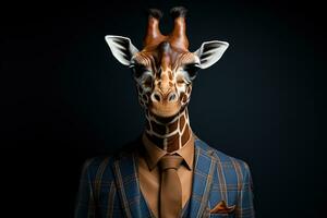 portret van een giraffe in een pak en stropdas Aan een zwart achtergrond. antropomorf giraffe.ai generatief foto