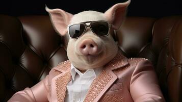 portret van een grappig varken vervelend een hoed en zonnebril Aan een zwart achtergrond. ai generatief foto