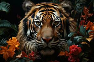 mooi tijger gezicht met bloemen en bladeren Aan zwart achtergrond. ai generatief foto