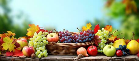 herfst nog steeds leven met mand van fruit en groenten Aan houten tafel. ai generatief foto