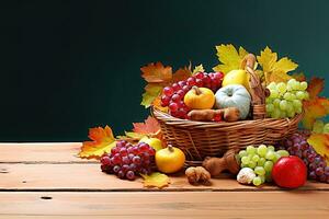herfst nog steeds leven met mand van fruit en groenten Aan houten tafel. ai generatief foto