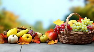 herfst nog steeds leven met mand van fruit en groenten Aan houten tafel. ai generatief foto