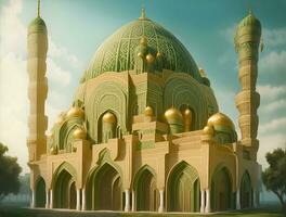 mooi en luxueus moskee gebouw, dominant kleuren groen en goud, ai gegenereerd foto