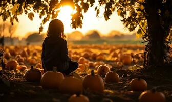 kind, ondergedompeld in vraag me af, Toneelstukken temidden van een zee van pompoenen Bij een pompoen boerderij gedurende herfst. ai gegenereerd foto