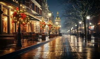 stad straat ondergedompeld in de betoverend gloed van feestelijk lichten Aan een Kerstmis nacht. ai gegenereerd foto