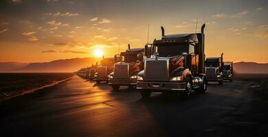 een rij van geparkeerd vrachtwagens, aftekenen tegen de backdrop van een stralend zonsopkomst. ai gegenereerd foto